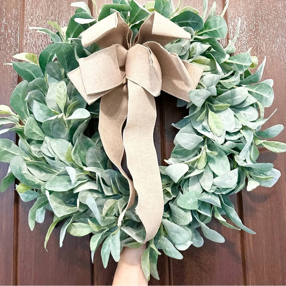 Faux Eucalyptus Lambs Ear Wreath Burlap Bow - Green Soft Silvery Greenery 23”
